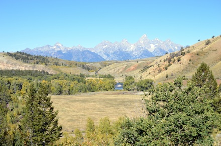 Another view of the Tetons. The meadow below is part of a horse ranch